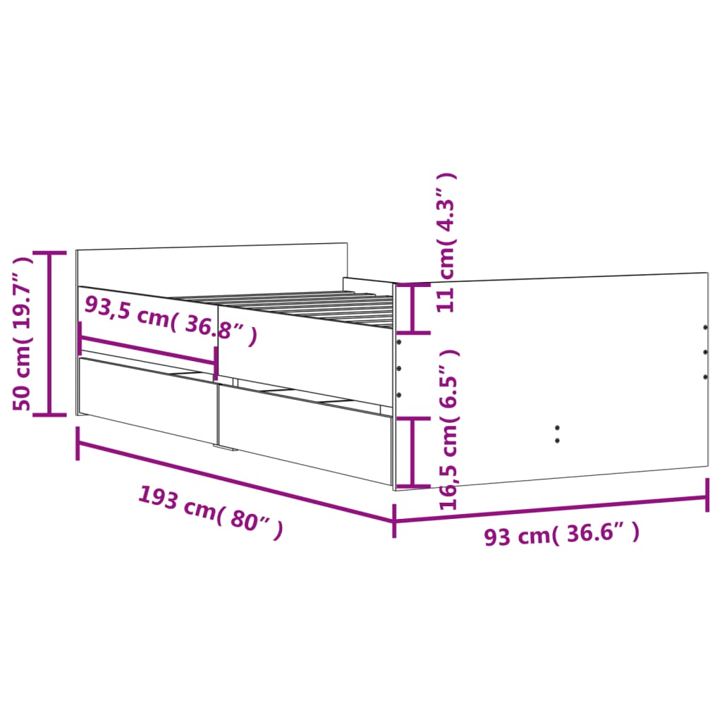 vidaXL Bed Frame with Drawers without Mattress Sonoma Oak 90x190 cm Single