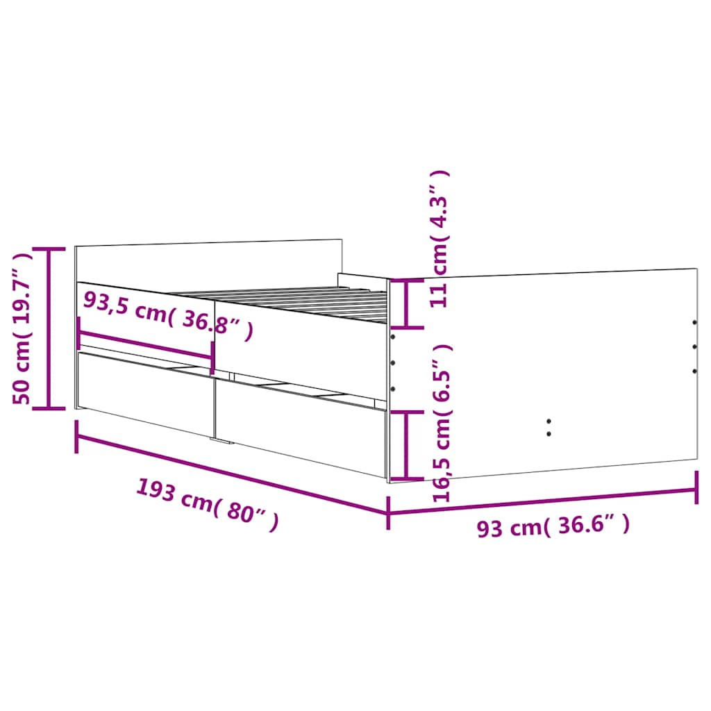 vidaXL Bed Frame with Drawers without Mattress Concrete Grey 90x190 cm Single
