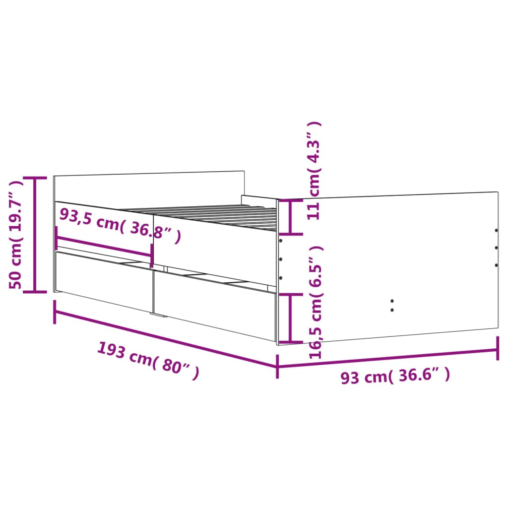 vidaXL Bed Frame with Drawers without Mattress Grey Sonoma 90x190 cm Single