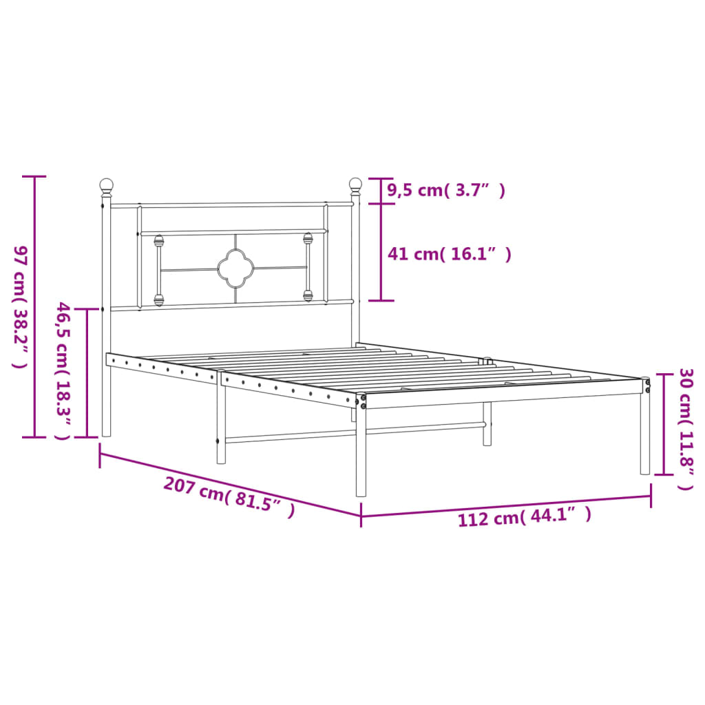 vidaXL Metal Bed Frame without Mattress with Headboard Black 107x203cm