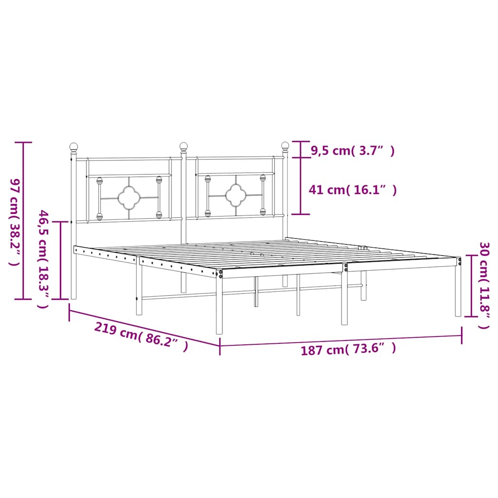 vidaXL Metal Bed Frame without Mattress with Headboard Black 183x213cm