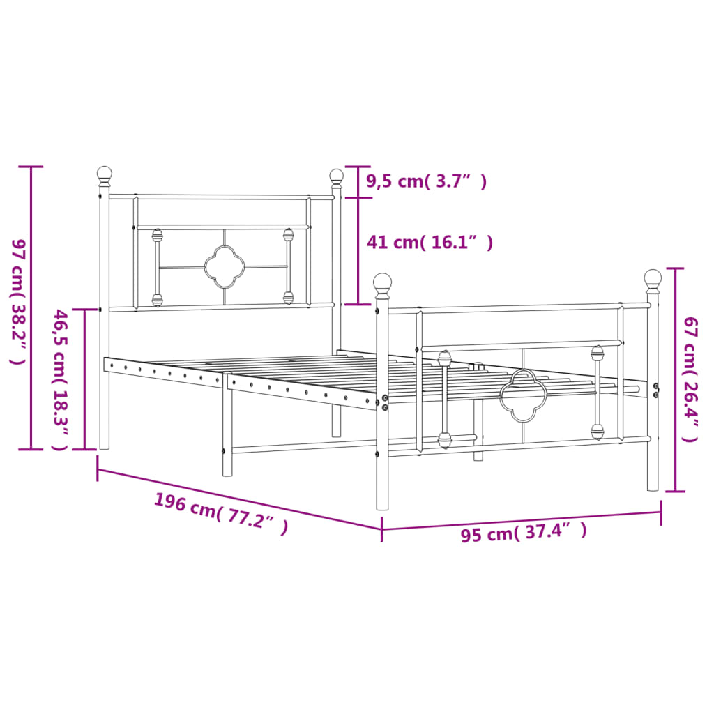 vidaXL Metal Bed Frame without Mattress with Footboard Black 90x190cm