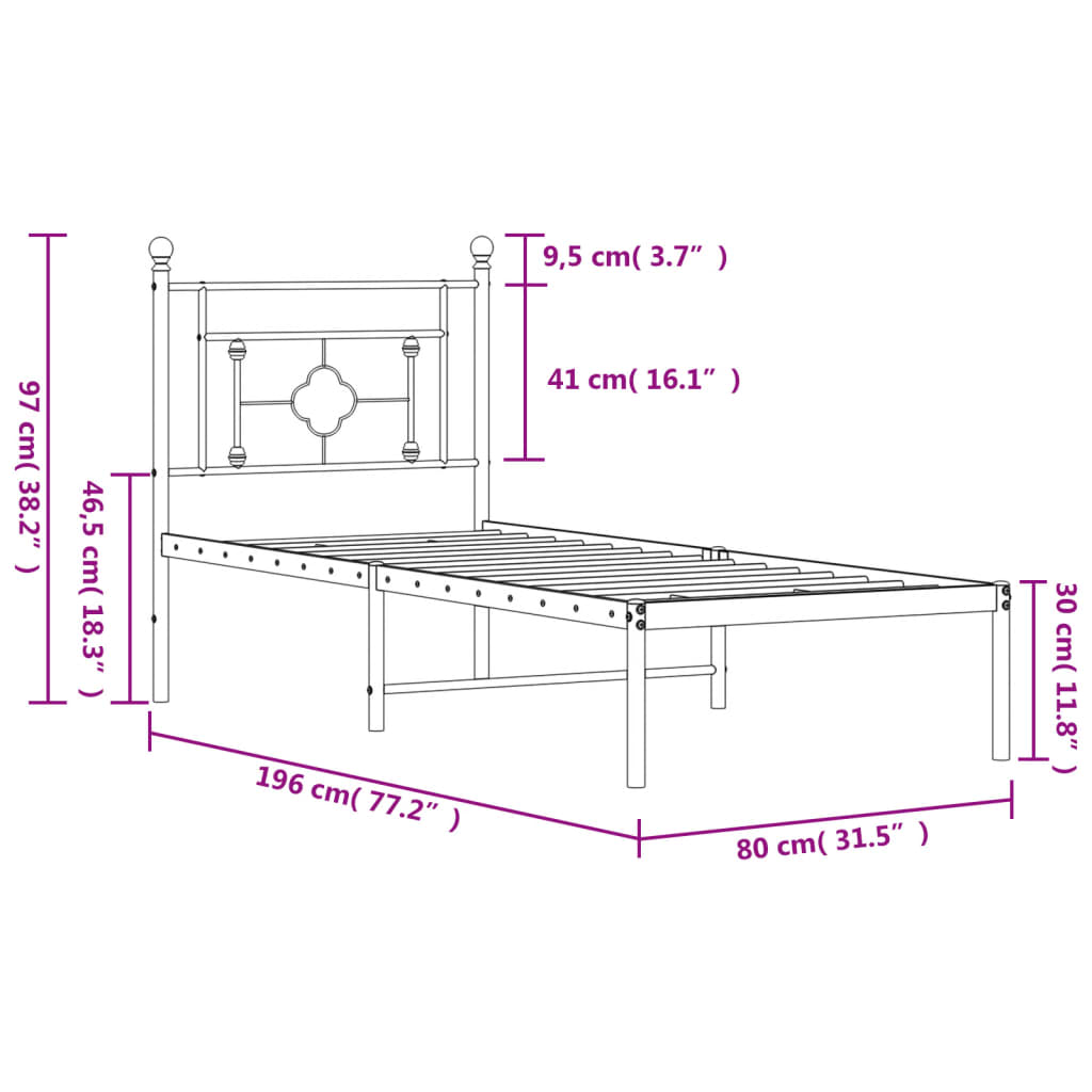vidaXL Metal Bed Frame without Mattress with Headboard White 75x190cm