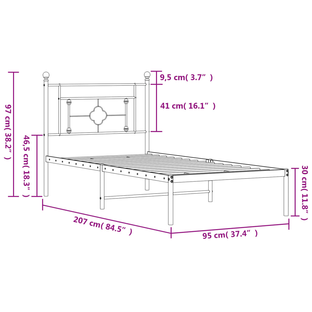 vidaXL Metal Bed Frame without Mattress with Headboard White 90x200cm