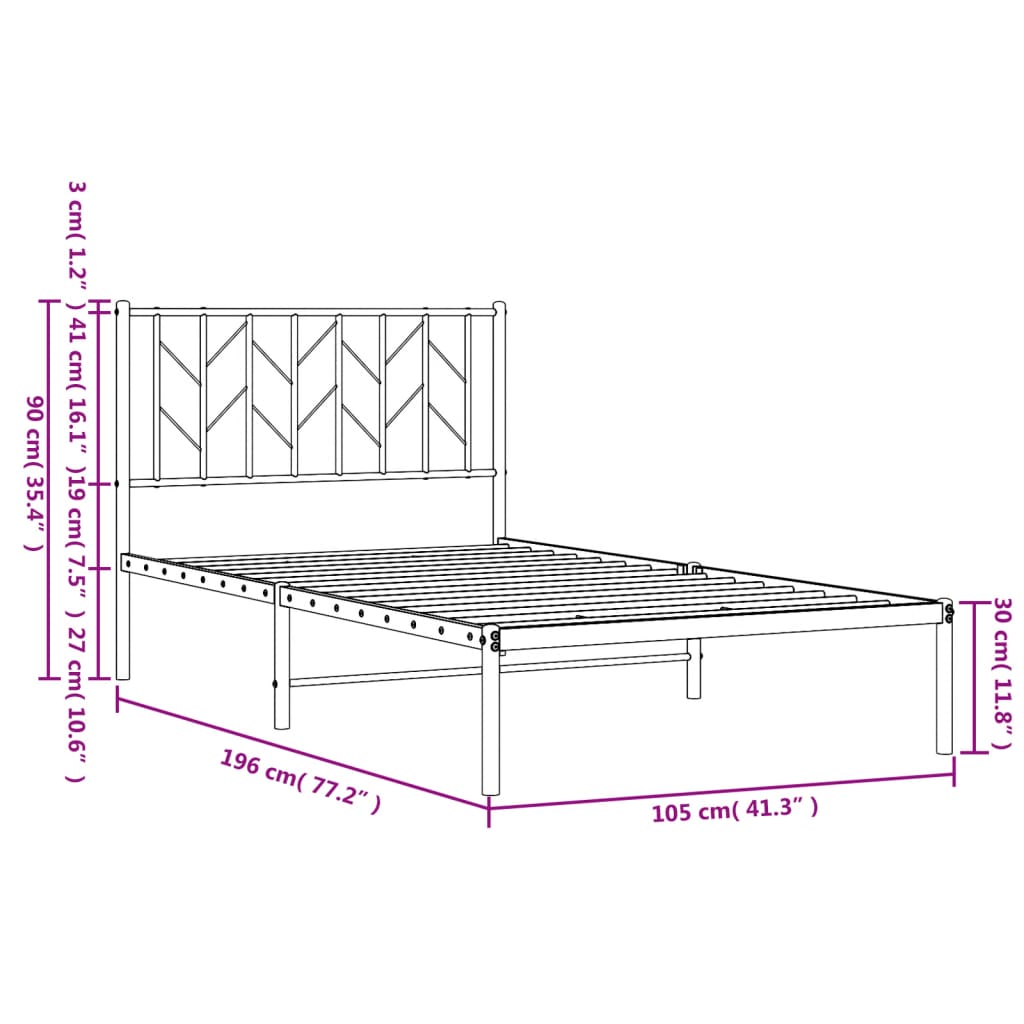 vidaXL Metal Bed Frame without Mattress with Headboard Black 100x190cm