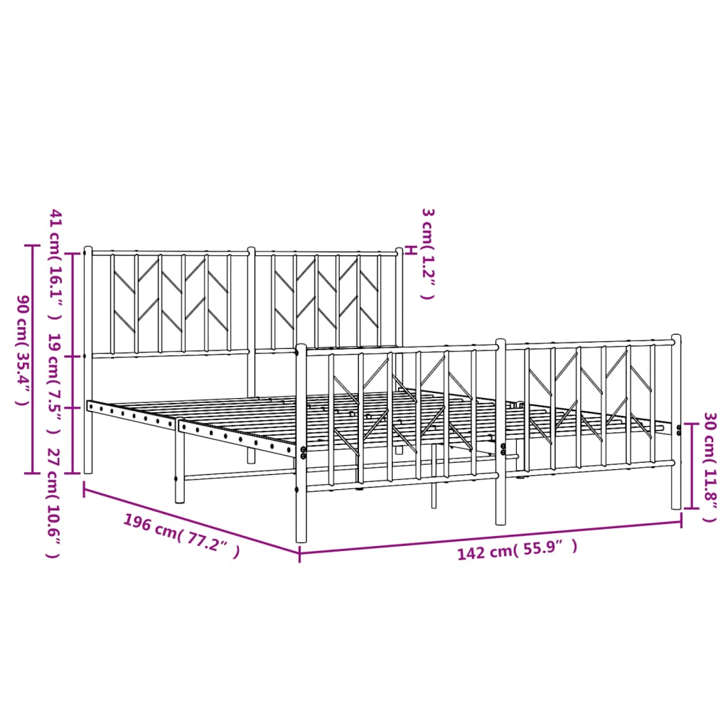 vidaXL Metal Bed Frame without Mattress with Footboard Black 135x190cm