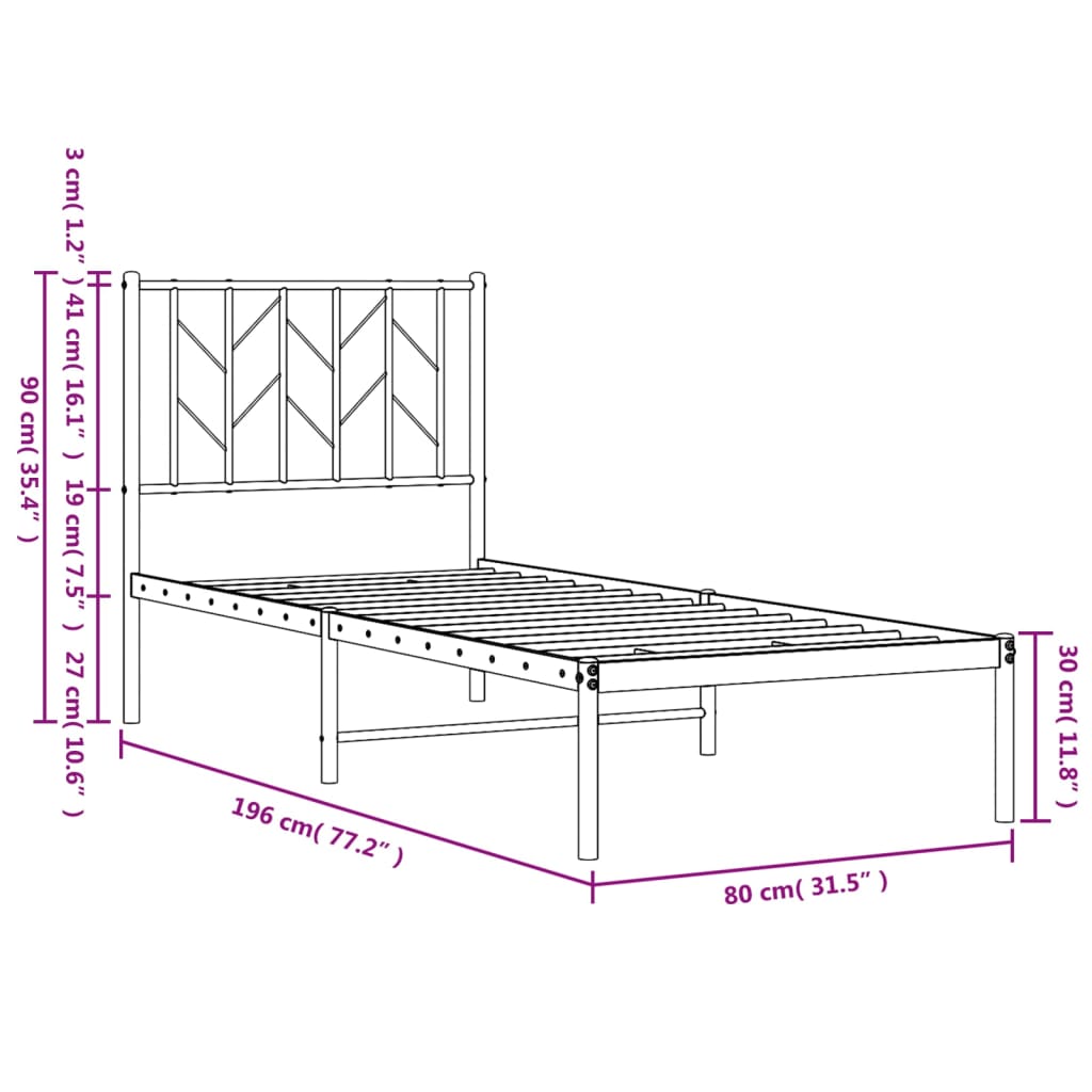 vidaXL Metal Bed Frame without Mattress with Headboard White 75x190cm