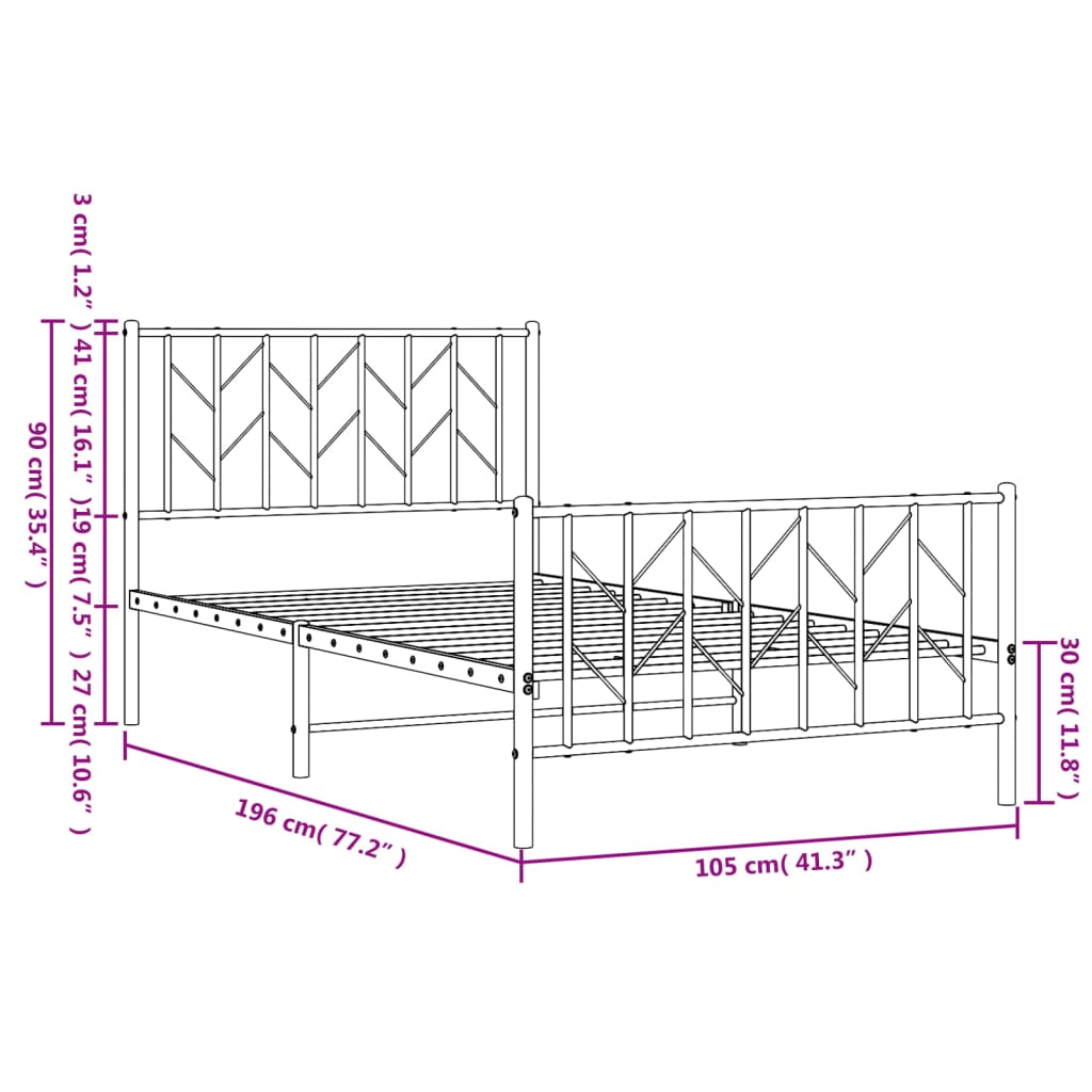 vidaXL Metal Bed Frame without Mattress with Footboard White 100x190cm