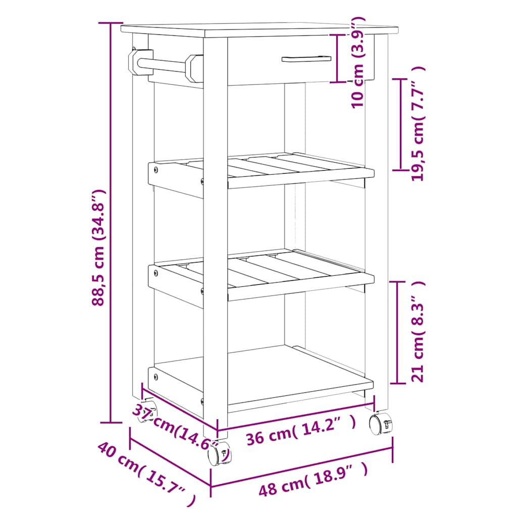 vidaXL Kitchen Trolley MONZA 48x40x88.5 cm Solid Wood Pine