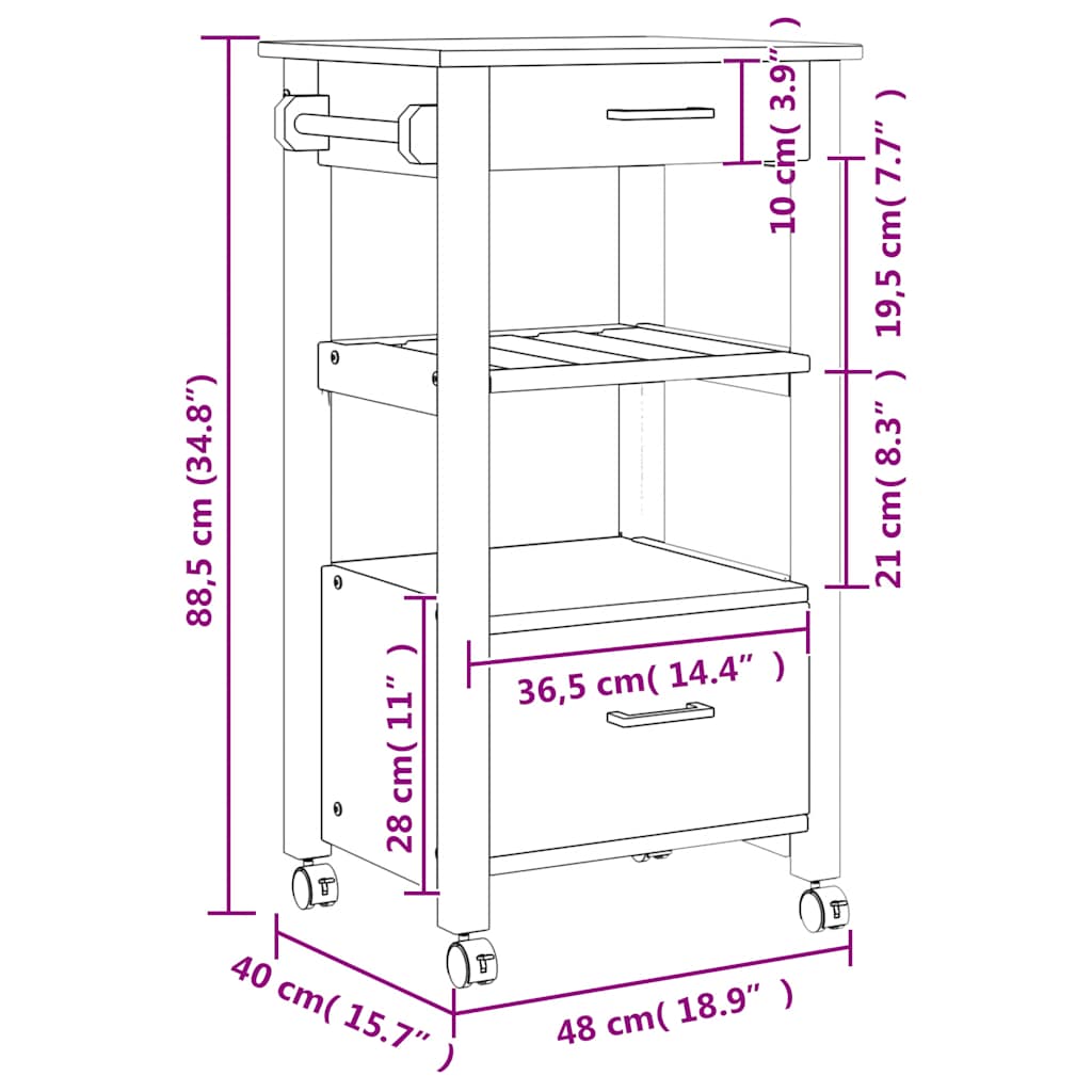 vidaXL Kitchen Trolley MONZA 48x40x88.5 cm Solid Wood Pine
