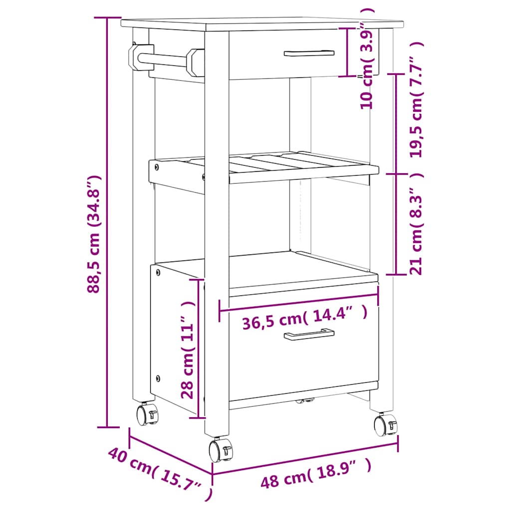 vidaXL Kitchen Trolley MONZA 48x40x88.5 cm Solid Wood Pine