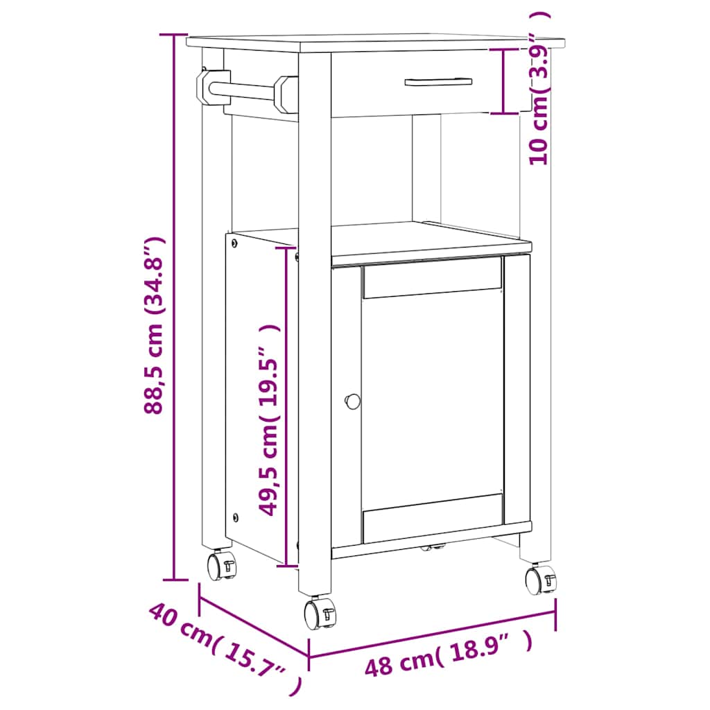 vidaXL Kitchen Trolley MONZA 48x40x88.5 cm Solid Wood Pine