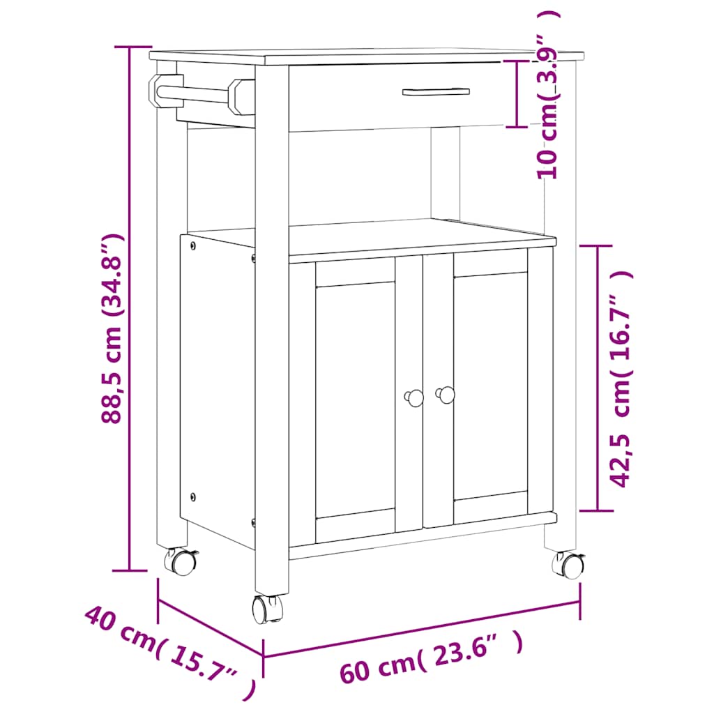 vidaXL Kitchen Trolley MONZA 60x40x88.5 cm Solid Wood Pine