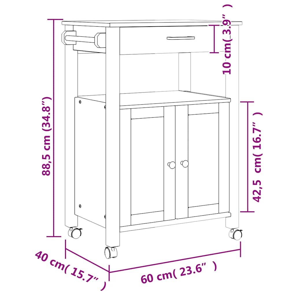 vidaXL Kitchen Trolley MONZA 60x40x88.5 cm Solid Wood Pine