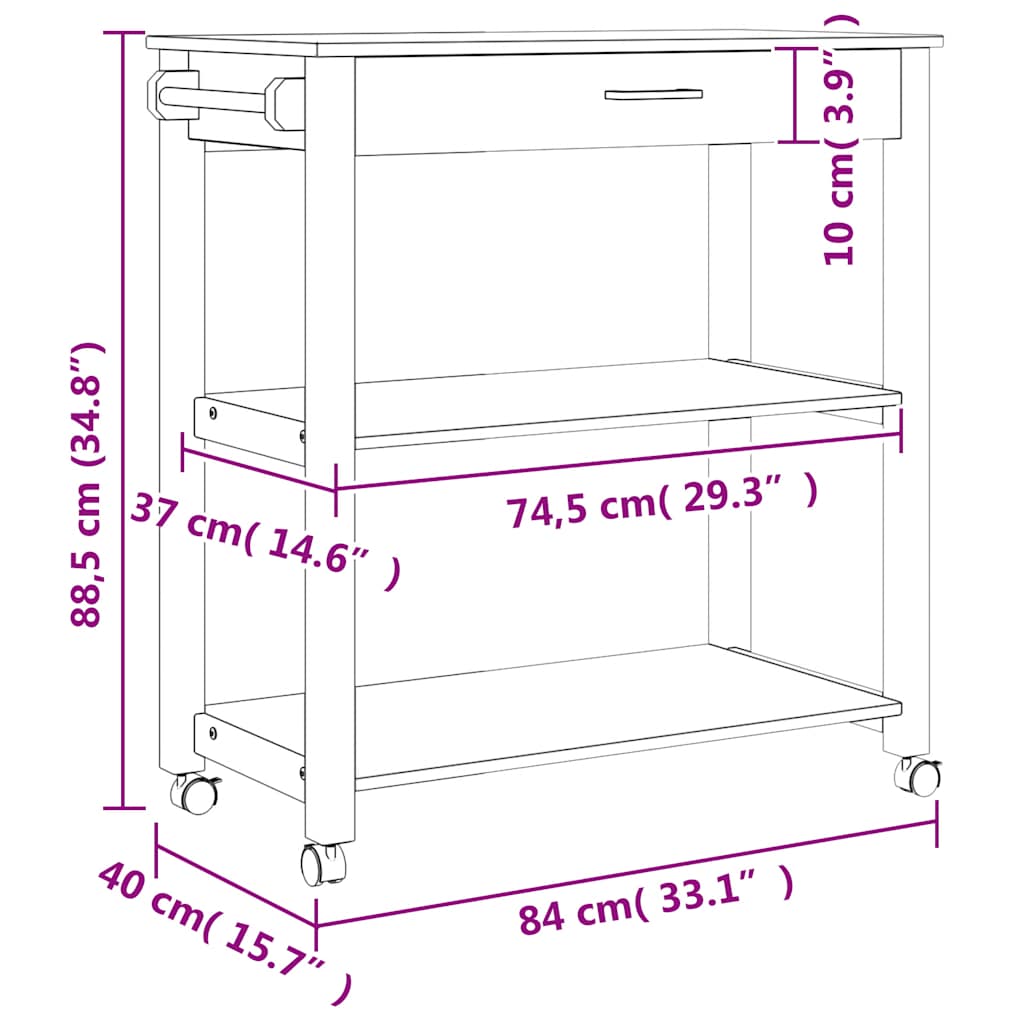 vidaXL Kitchen Trolley MONZA 84x40x88.5 cm Solid Wood Pine