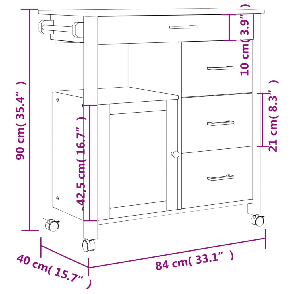 vidaXL Kitchen Trolley MONZA 84x40x88.5 cm Solid Wood Pine