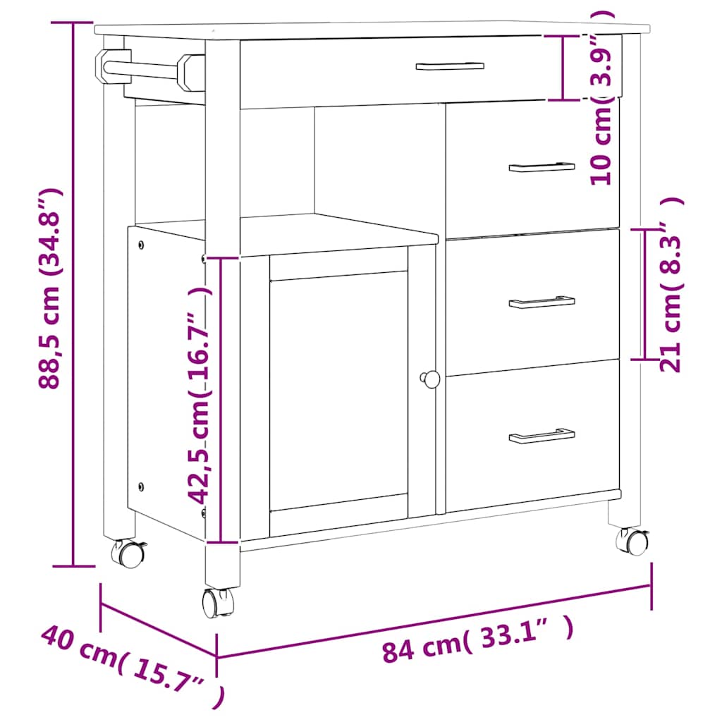 vidaXL Kitchen Trolley MONZA 84x40x88.5 cm Solid Wood Pine