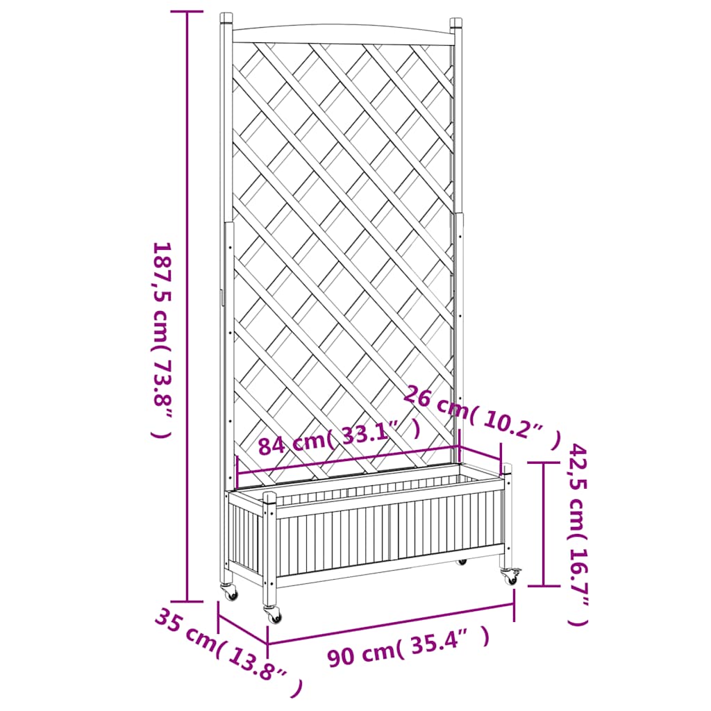 vidaXL Planter with Trellis and Wheels Black Solid Wood Fir