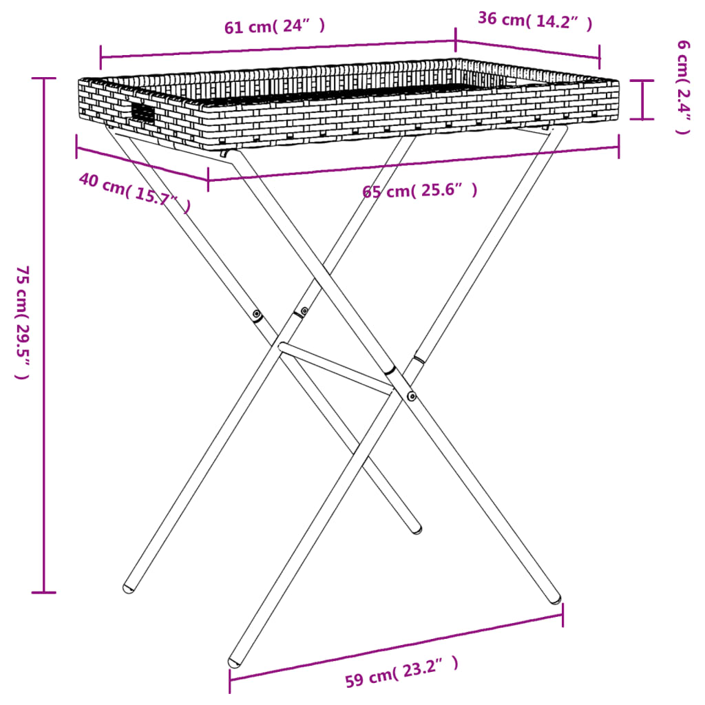 vidaXL Folding Tray Table Brown 65x40x75 cm Poly Rattan