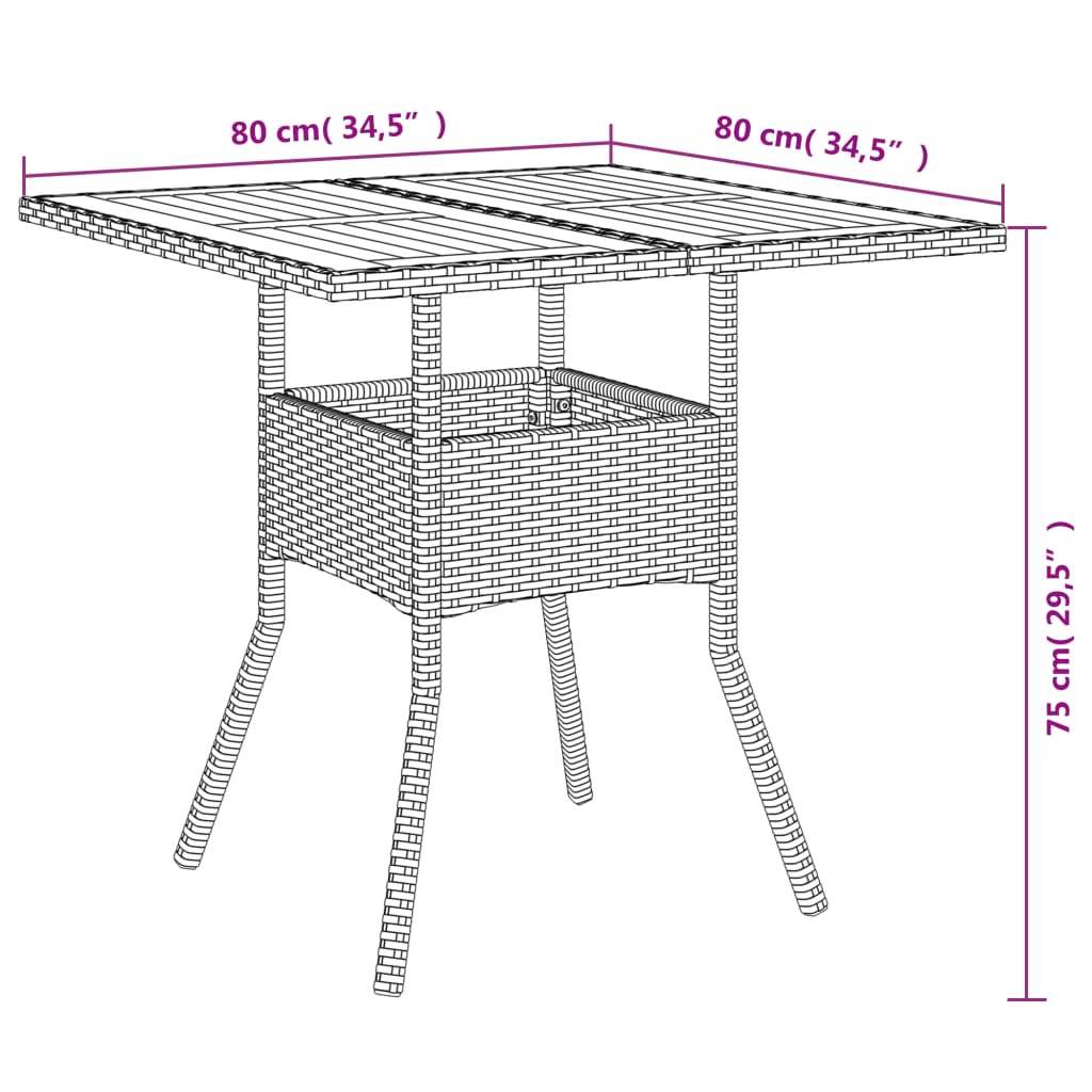 vidaXL Garden Table with Acacia Wood Top Black 80x80x75 cm Poly Rattan