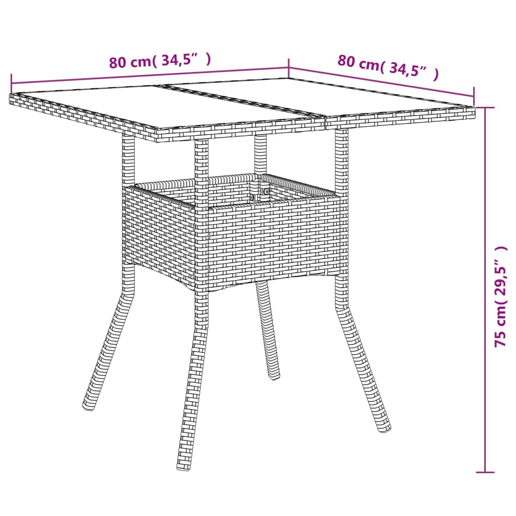 vidaXL Garden Table with Glass Top Grey 80x80x75 cm Poly Rattan