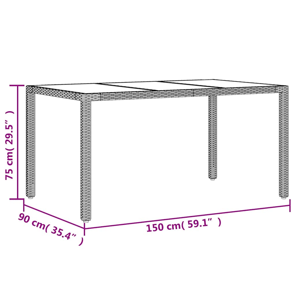 vidaXL Garden Table with Glass Top Brown 150x90x75 cm Poly Rattan