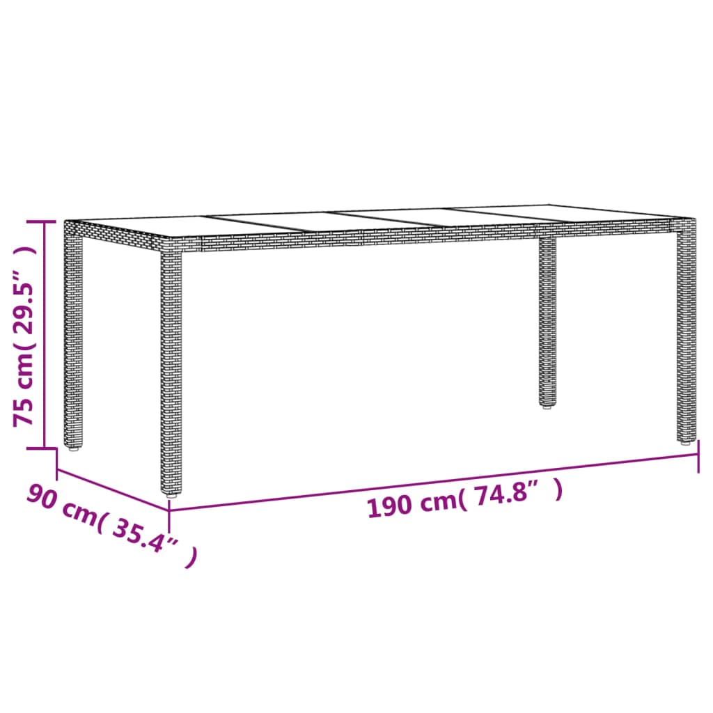 vidaXL Garden Table with Glass Top Black 190x90x75 cm Poly Rattan