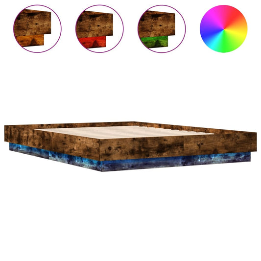 vidaXL Bed Frame with LED without Mattress Smoked Oak 120x190 cm Small Double