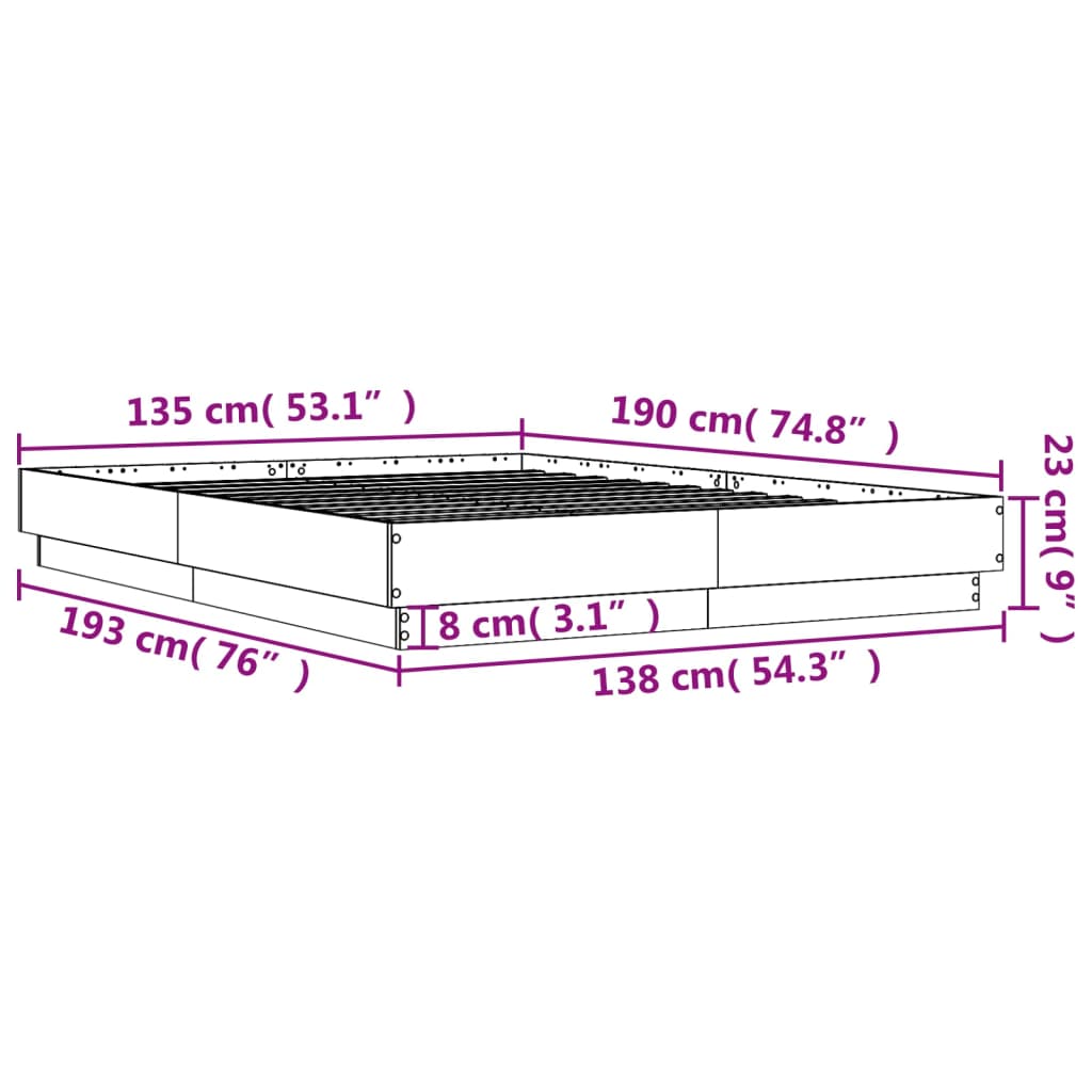 vidaXL Bed Frame without Mattress Grey Sonoma 135x190 cm