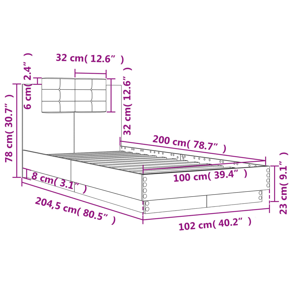 vidaXL Bed Frame without Mattress Grey Sonoma 100x200 cm