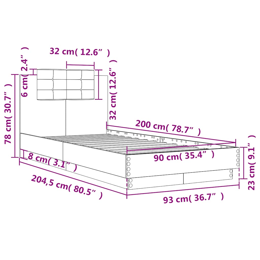 vidaXL Bed Frame with Headboard Grey Sonoma 90x200 cm Engineered Wood
