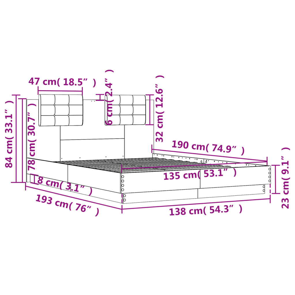 vidaXL Bed Frame without Mattress Grey Sonoma 135x190 cm