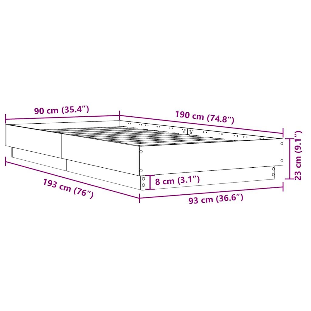 vidaXL Bed Frame without Mattress Grey Sonoma 90x190 cm Single Engineered Wood