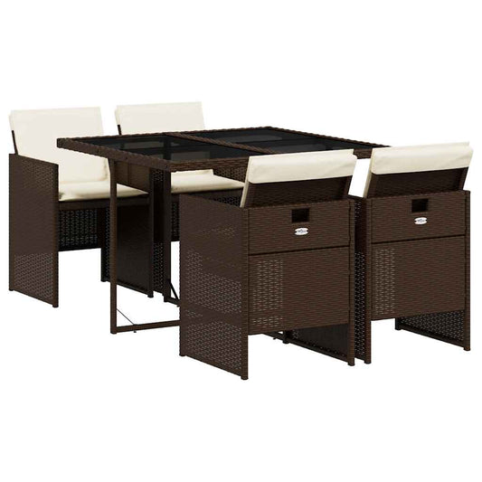 vidaXL 5 Piece Garden Dining Set with Cushions Brown Poly Rattan