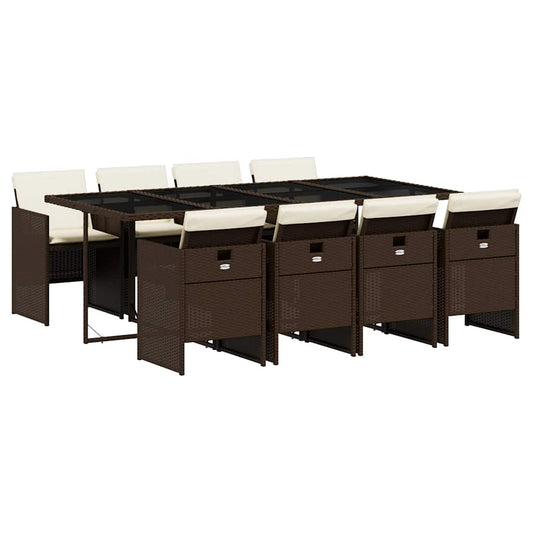 vidaXL 9 Piece Garden Dining Set with Cushions Brown Poly Rattan