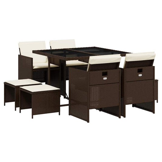 vidaXL 9 Piece Garden Dining Set with Cushions Brown Poly Rattan