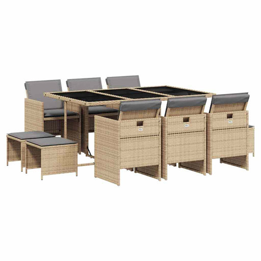 vidaXL 11 Piece Garden Dining Set with Cushions Mix Beige Poly Rattan