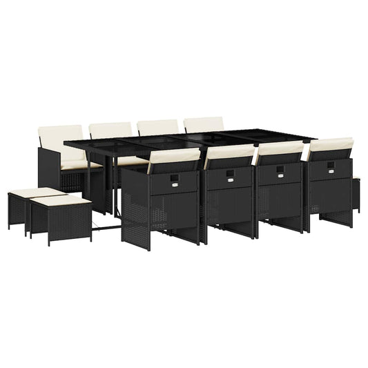 vidaXL 13 Piece Garden Dining Set with Cushions Black Poly Rattan