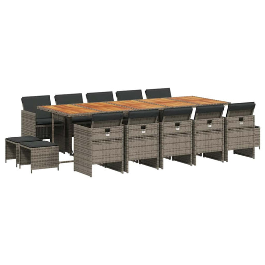 vidaXL 15 Piece Garden Dining Set with Cushions Grey Poly Rattan