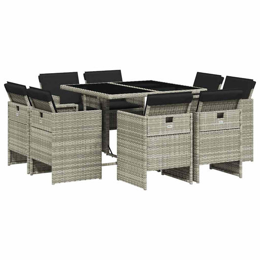 vidaXL 9 Piece Garden Dining Set with Cushions Light Grey Poly Rattan
