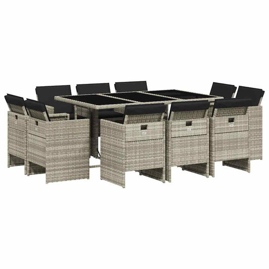 vidaXL 11 Piece Garden Dining Set with Cushions Light Grey Poly Rattan
