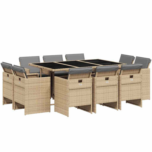 vidaXL 11 Piece Garden Dining Set with Cushions Mix Beige Poly Rattan