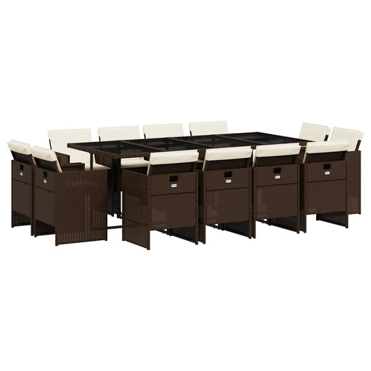 vidaXL 13 Piece Garden Dining Set with Cushions Brown Poly Rattan