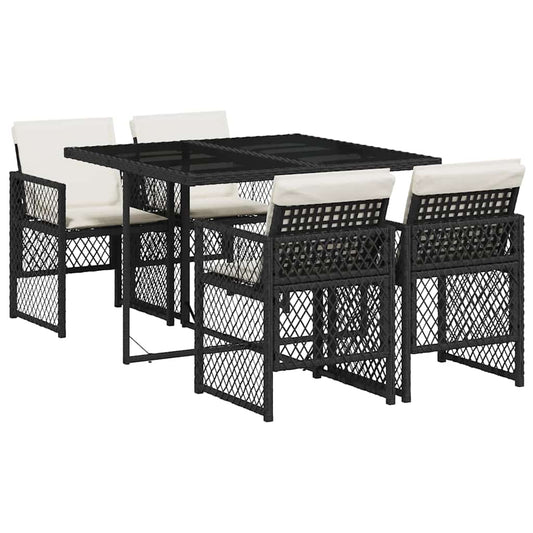 vidaXL 5 Piece Garden Dining Set with Cushions Black Poly Rattan