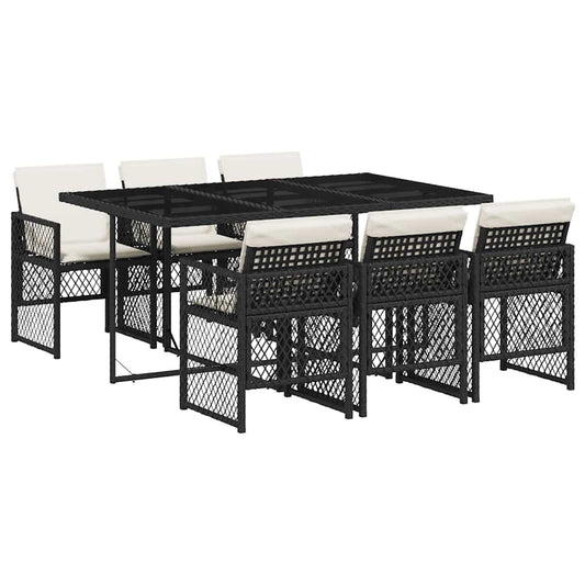 vidaXL 7 Piece Garden Dining Set with Cushions Black Poly Rattan