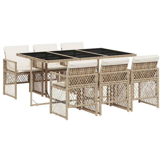 vidaXL 7 Piece Garden Dining Set with Cushions Beige Poly Rattan