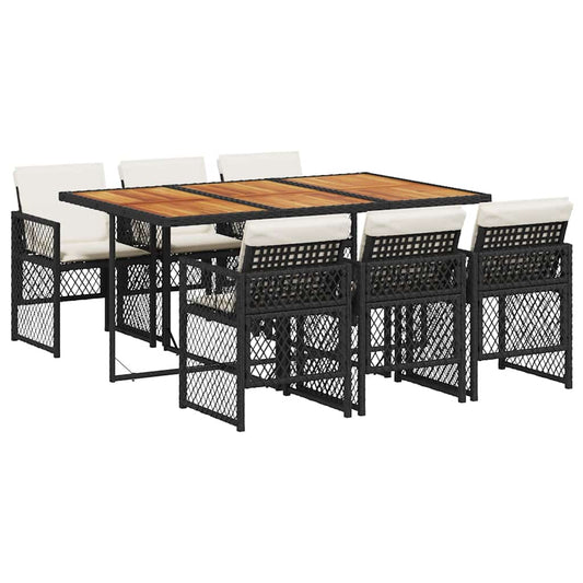 vidaXL 7 Piece Garden Dining Set with Cushions Black Poly Rattan