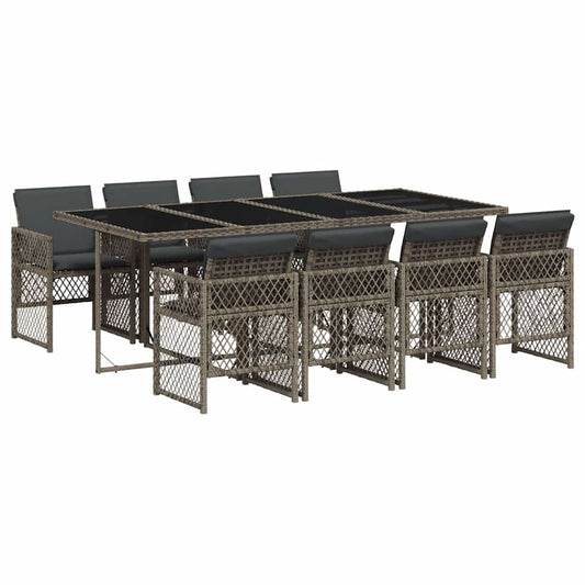vidaXL 9 Piece Garden Dining Set with Cushions Grey Poly Rattan