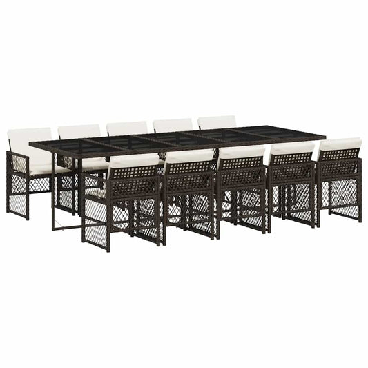 vidaXL 11 Piece Garden Dining Set with Cushions Brown Poly Rattan