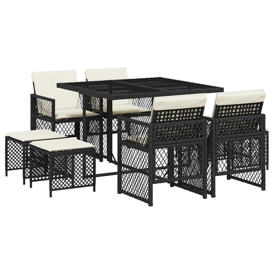 vidaXL 9 Piece Garden Dining Set with Cushions Black Poly Rattan